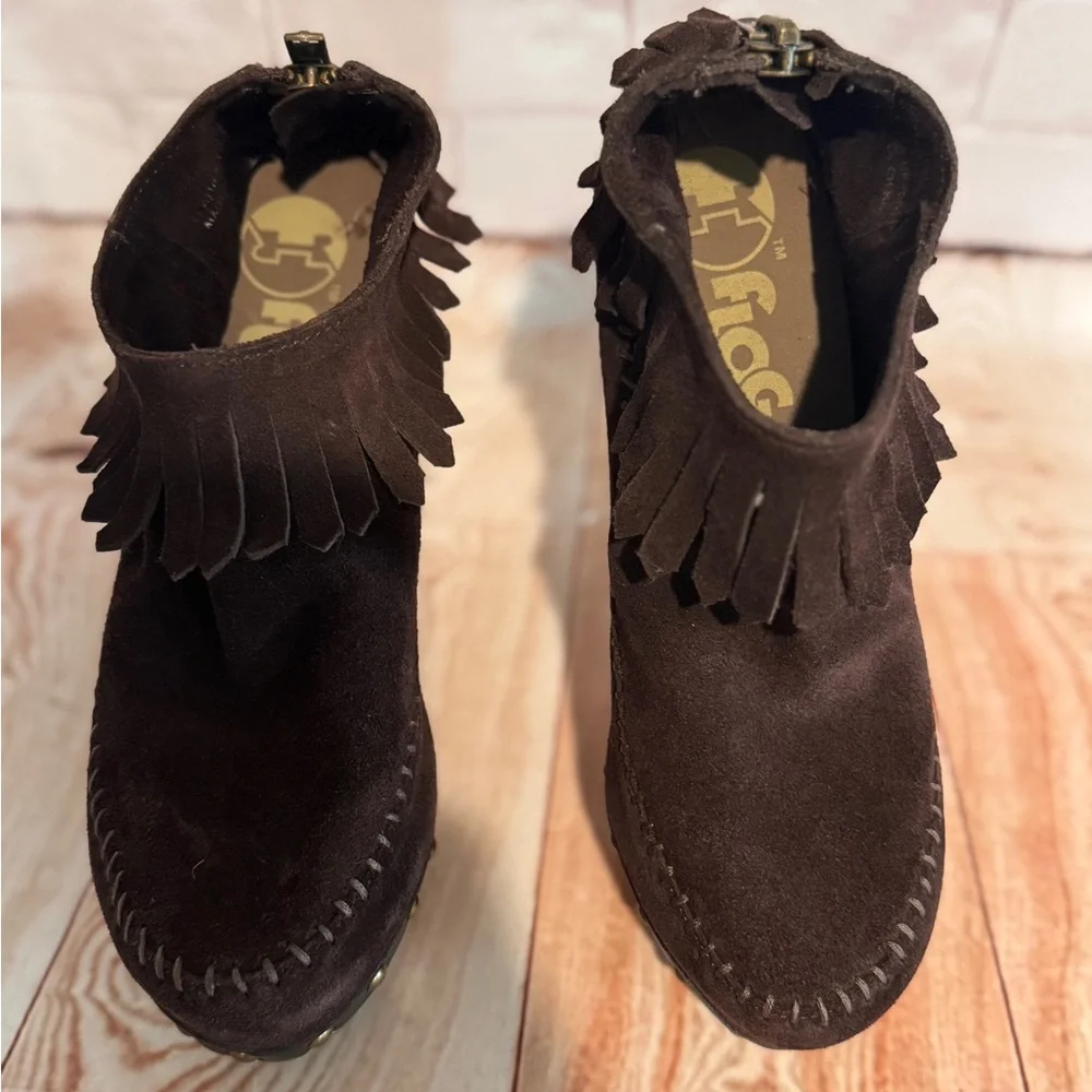 FLOGG‎ Davina Suede Fringe Platform Clog Heels Boho Western Size 7